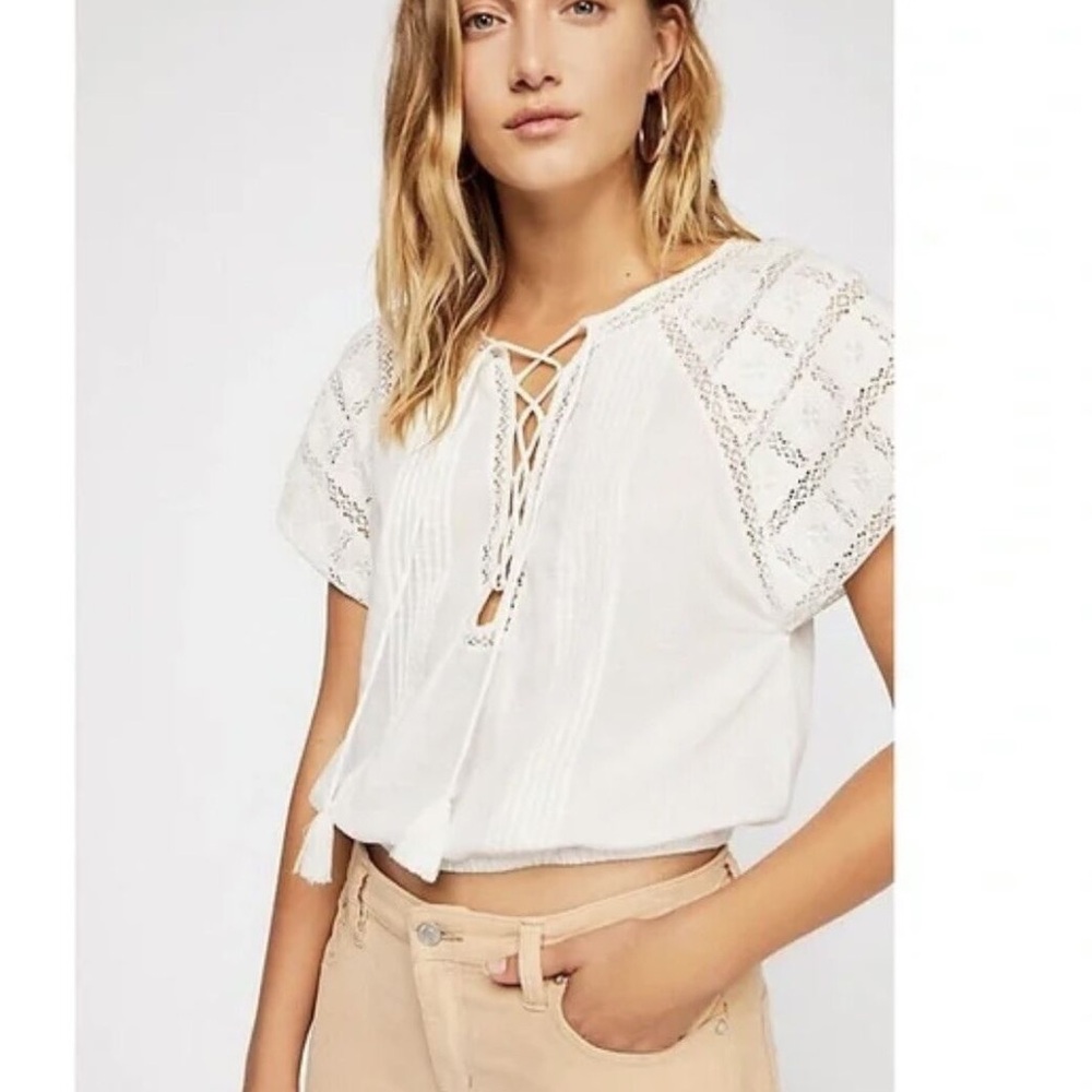 NWT Free People White Lace-Up Embroidered Women's Crop Top SZ S